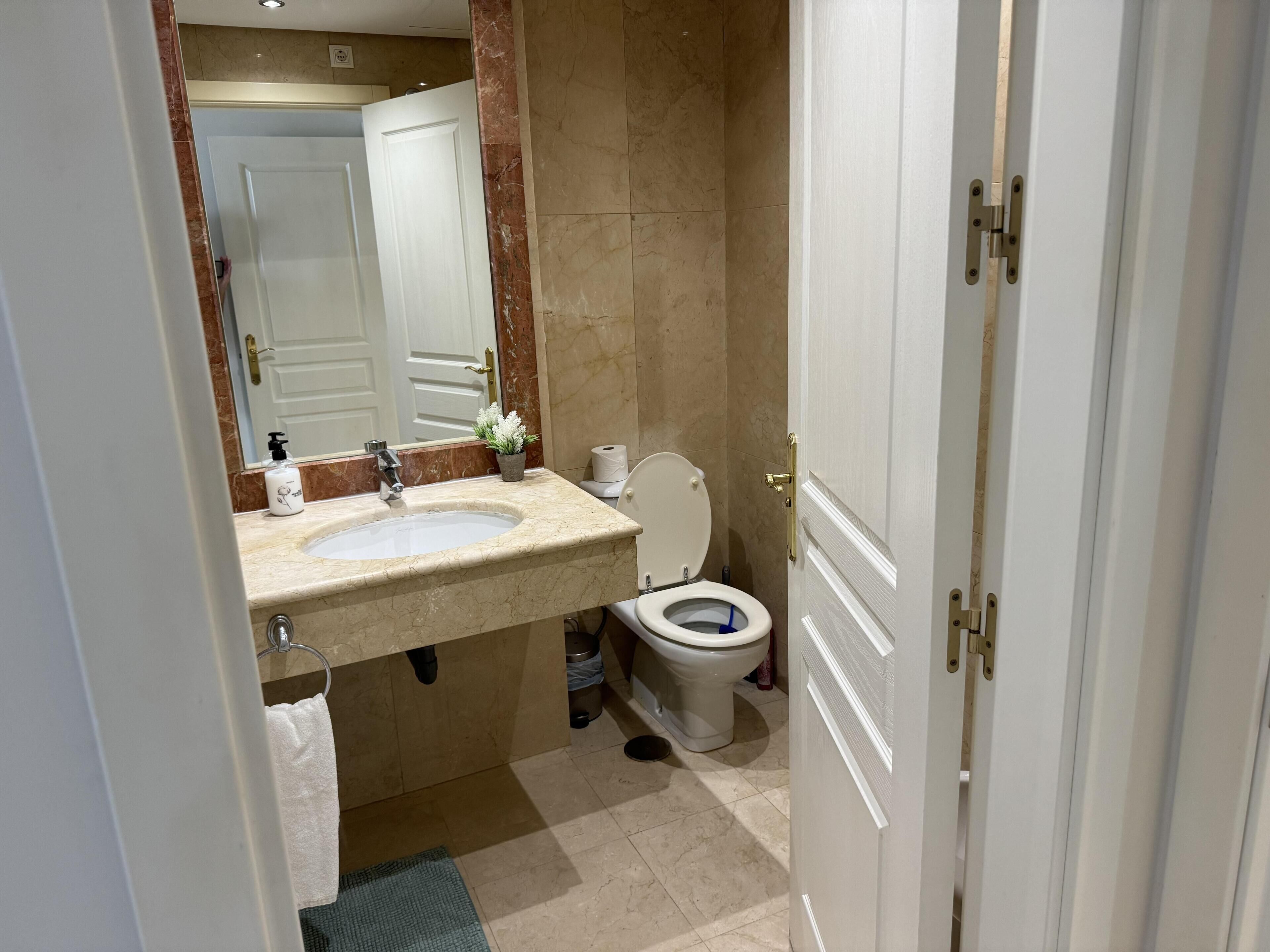 A bathroom with a sink, toilet, and mirror.