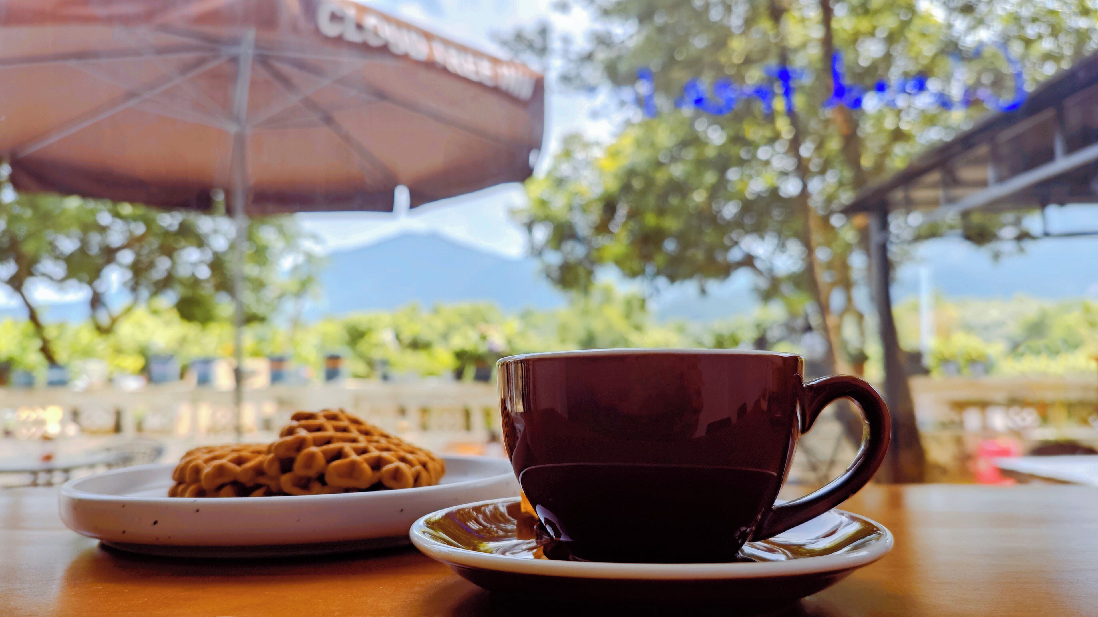 A cup of coffee on a saucer with a plate of waffles in the foreground, an umbrella, and a blurred outdoor setting with trees and a mountain in the background.