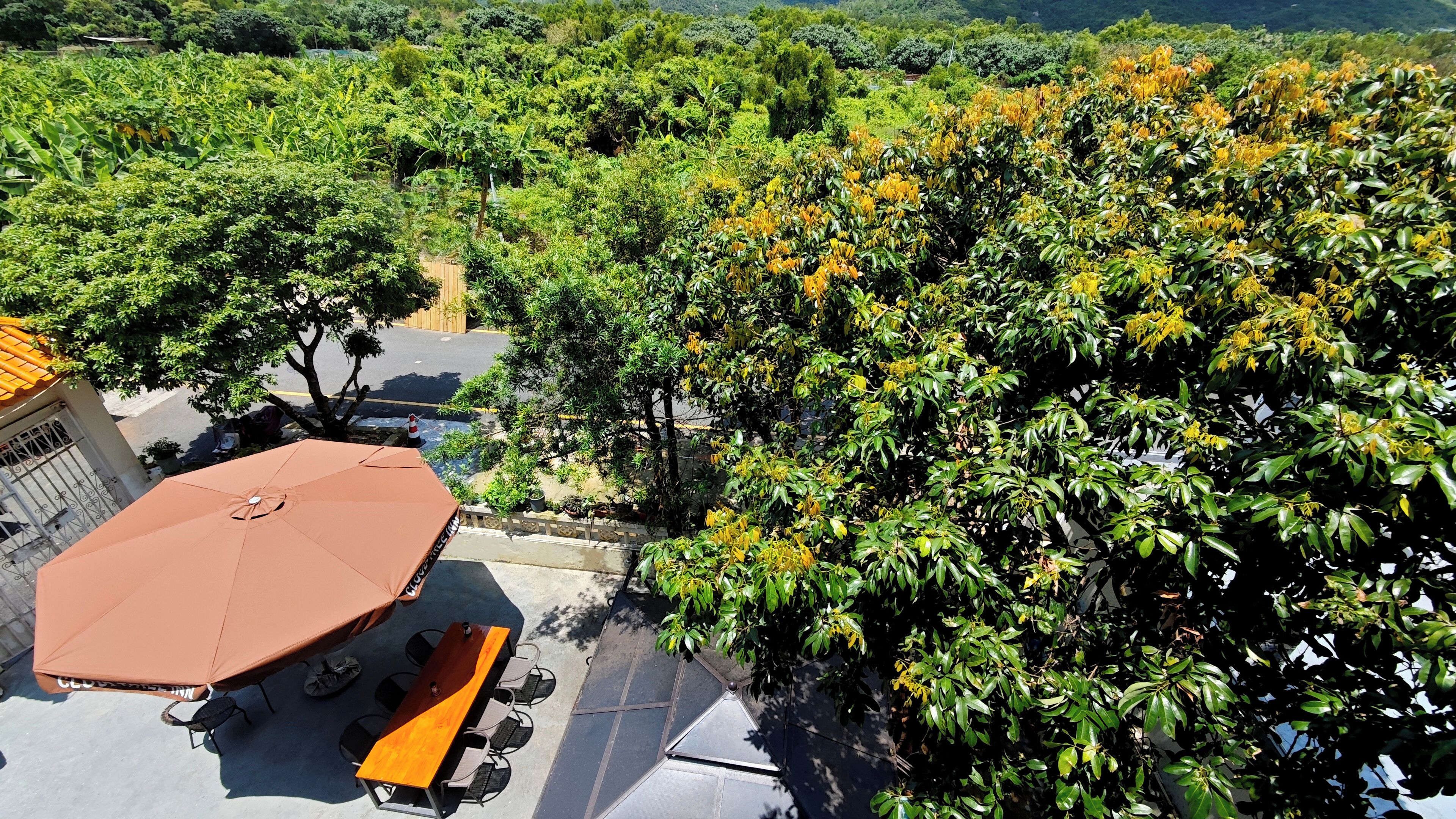 An outdoor seating area with a table and chairs under a brown umbrella, surrounded by lush greenery and trees.