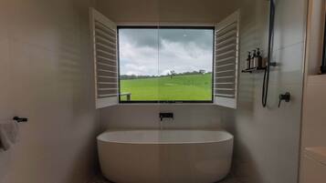 Shower, towels, shampoo