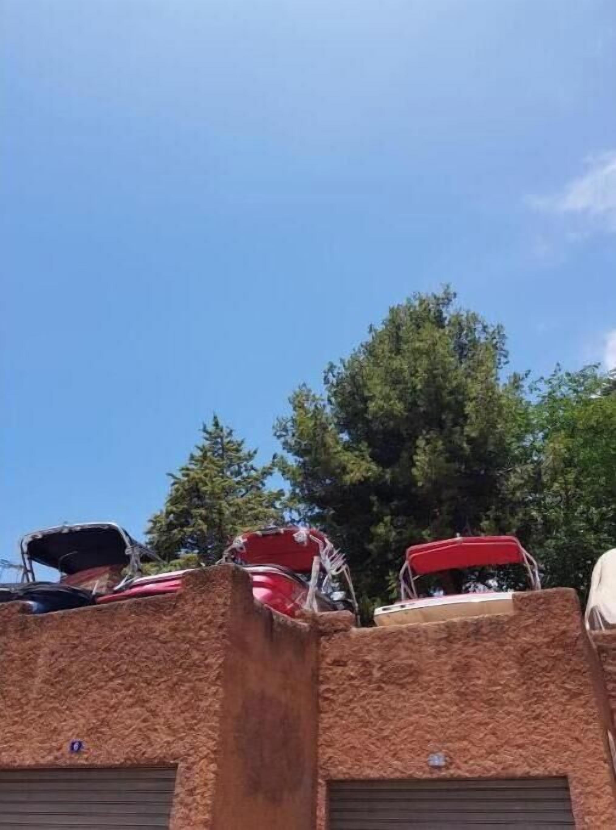 A row of vintage cars parked outdoors, with a clear blue sky and trees in the background.