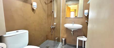 Un baño con inodoro, lavamanos y ducha.