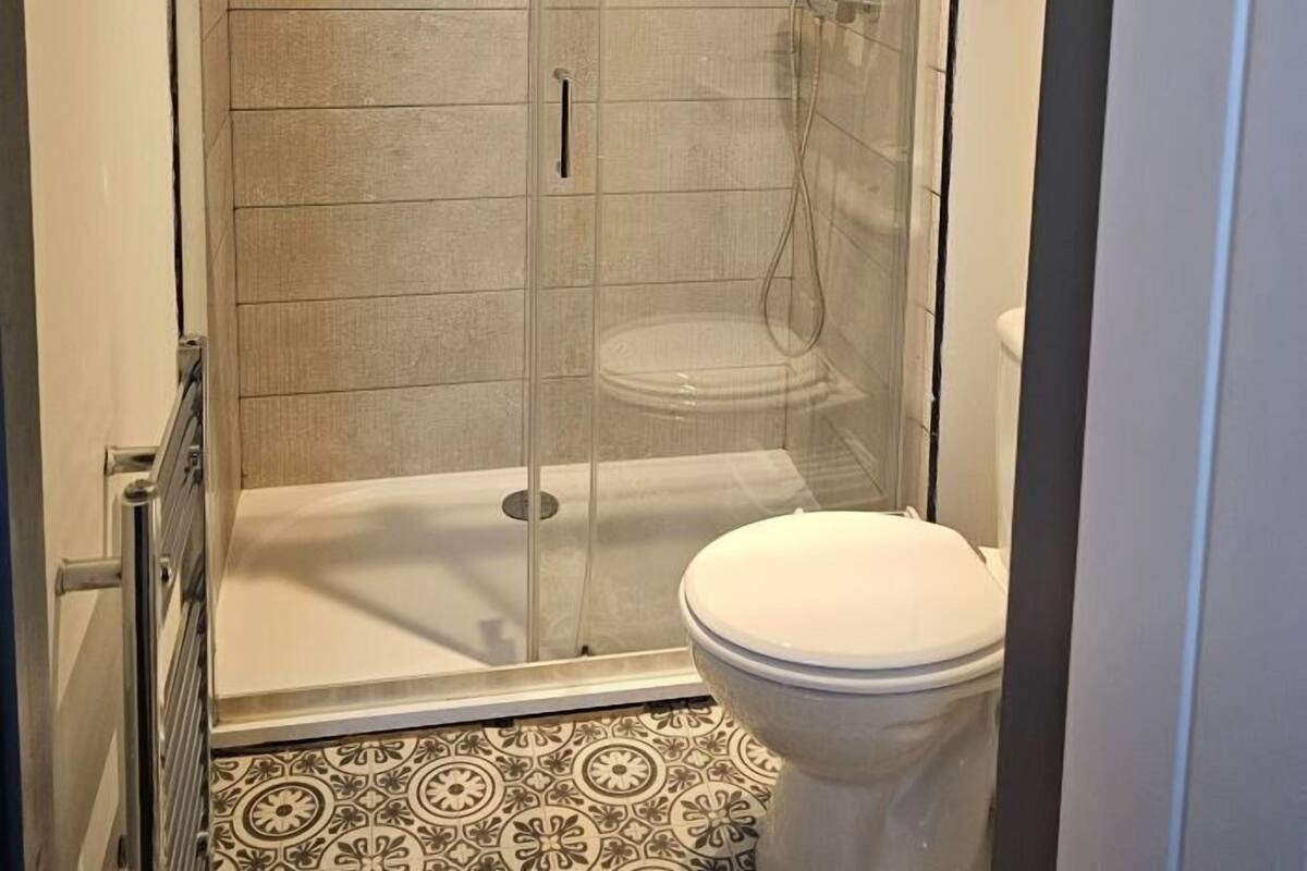 Un box de ducha con paredes de cristal y un inodoro contiguo.