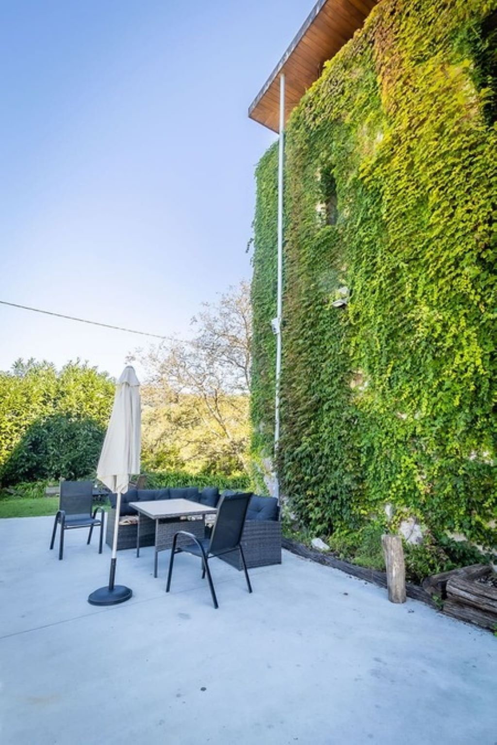 Un patio al aire libre con una mesa, sillas, una sombrilla y una pared cubierta de hiedra.