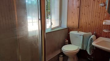 Hair dryer, towels, soap, toilet paper