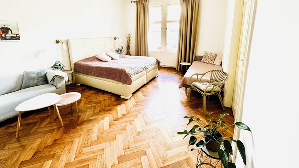A bedroom with a bed, a sofa, a chair, a small table, and a potted plant. - Apartments by Jacob (Prague)