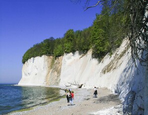 Una zona costiera con scogliere bianche e una spiaggia.