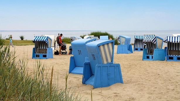 Des chaises de plage dotées de parasols à rayures sont disposées sur le sable.