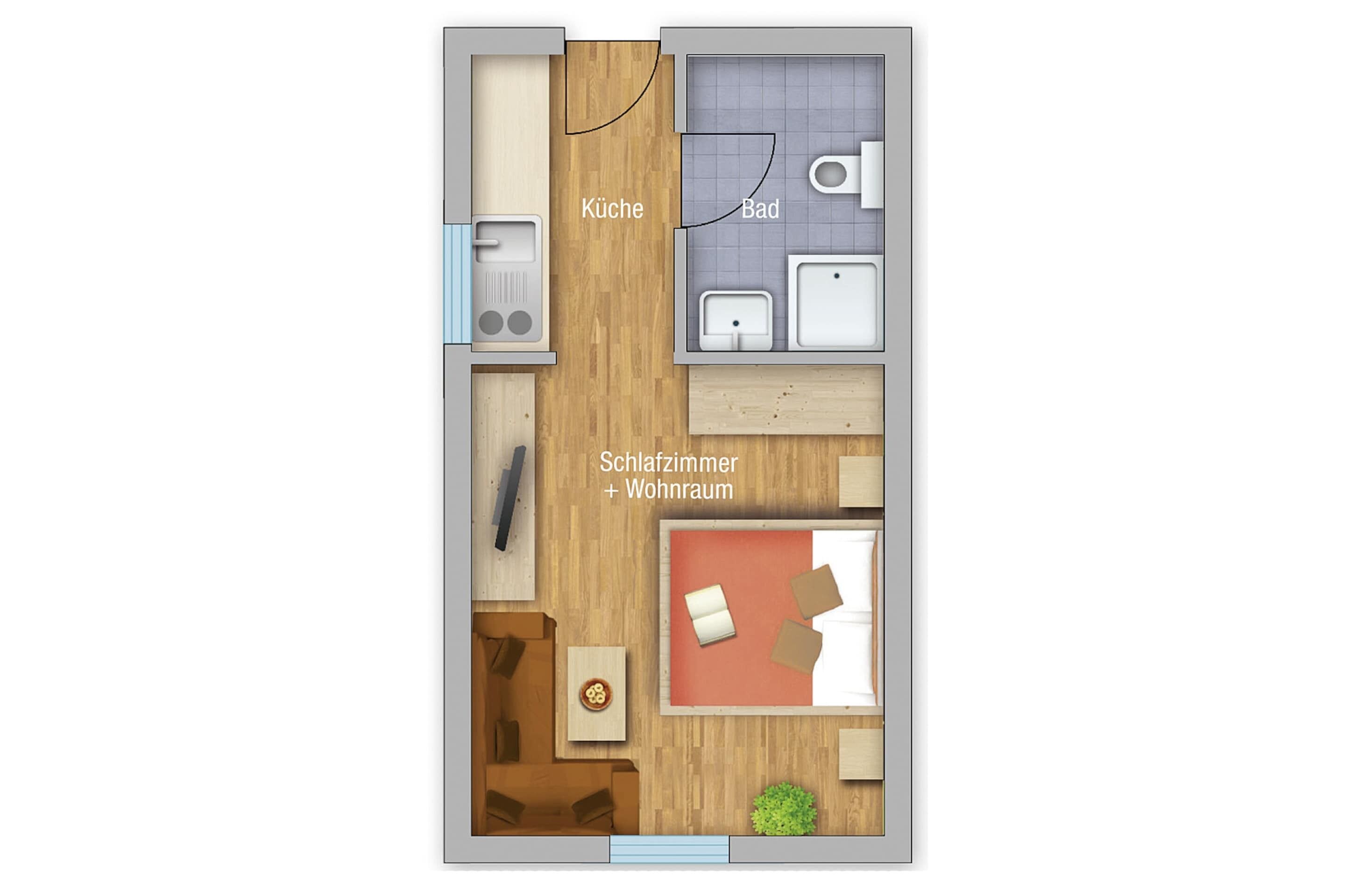Plano de planta de una habitación de hotel con cocina, baño y zona de dormitorio y sala de estar integradas.