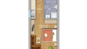 Plano de planta de una habitación de hotel con cocina, baño y zona de dormitorio y sala de estar integradas.