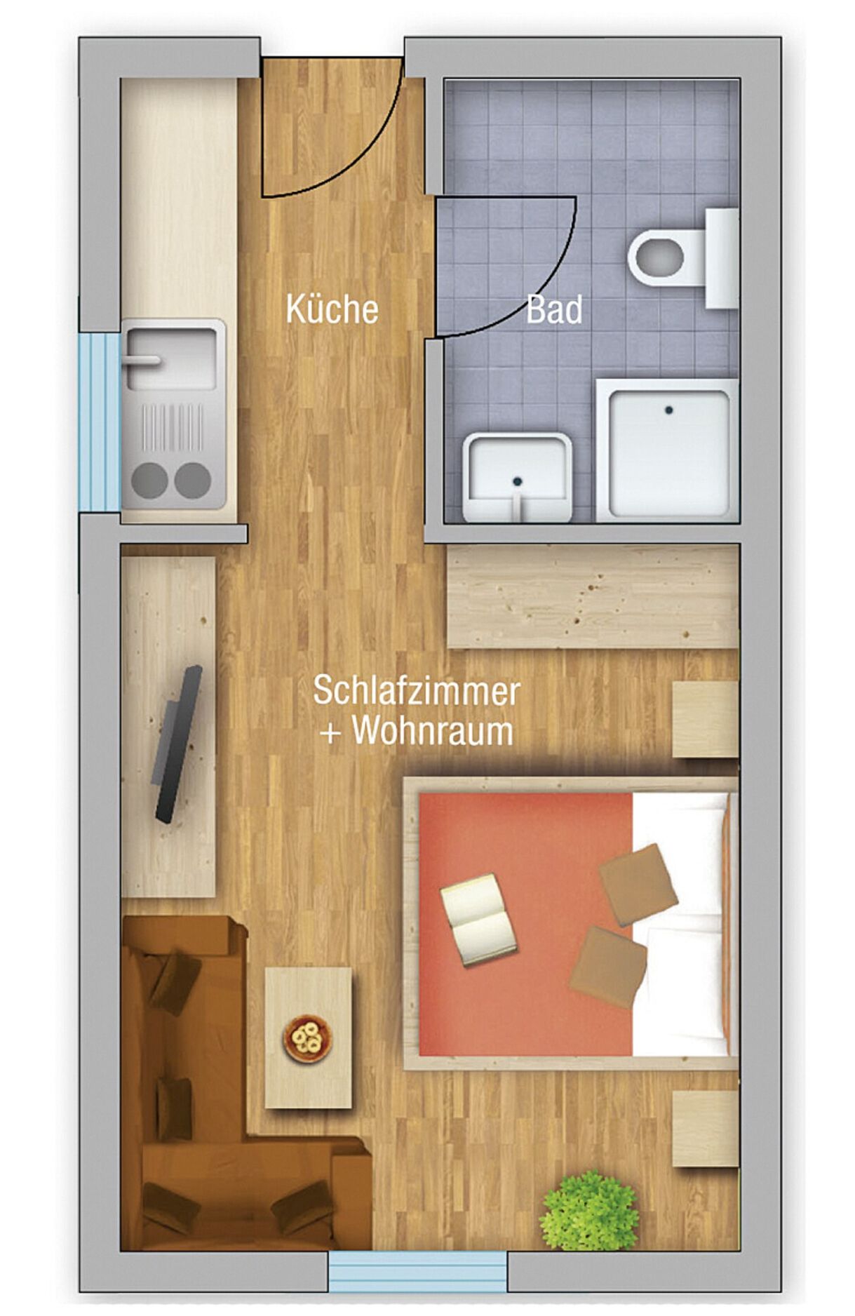 A hotel layout with a kitchen, bathroom, bedroom, and living room.