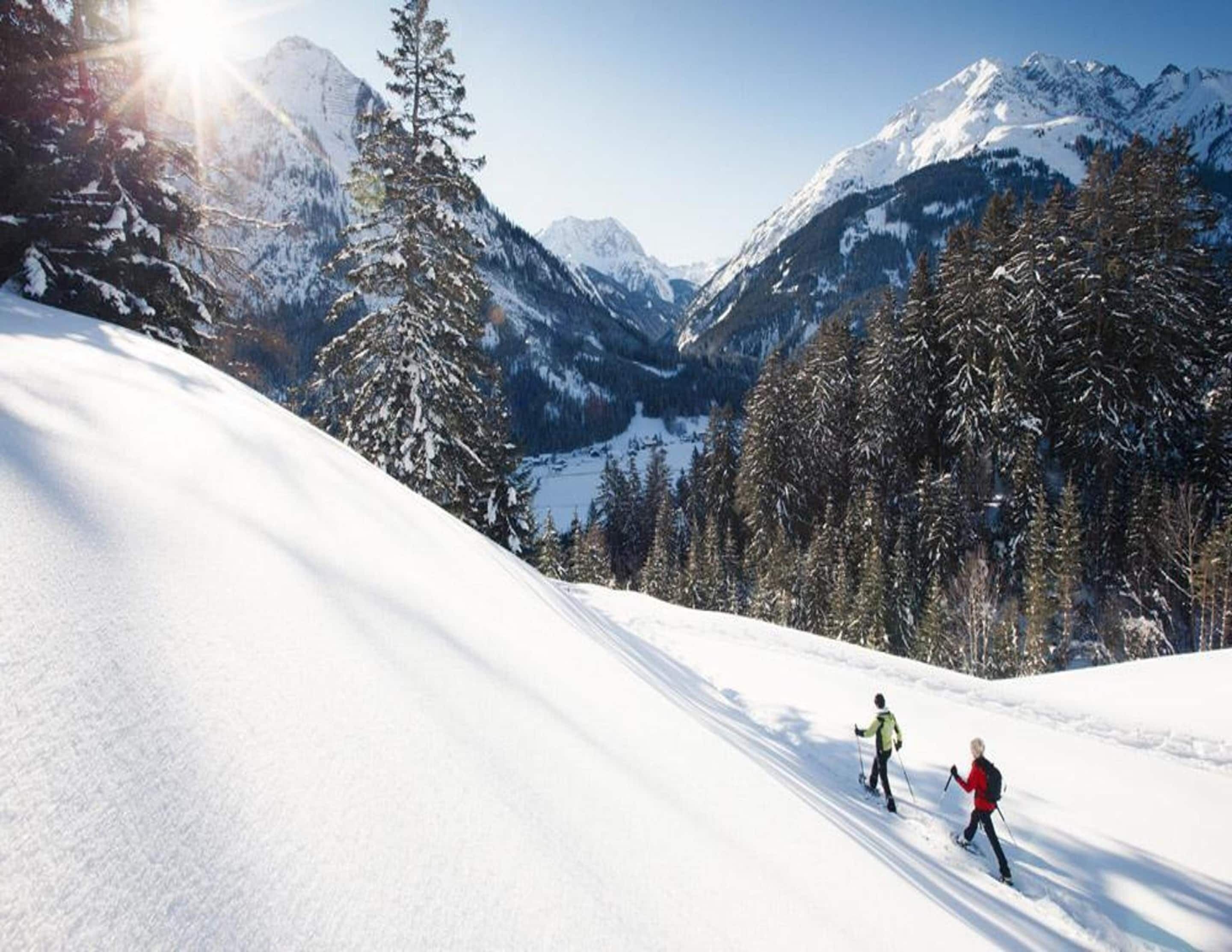 A snowy mountain landscape with two skiers.