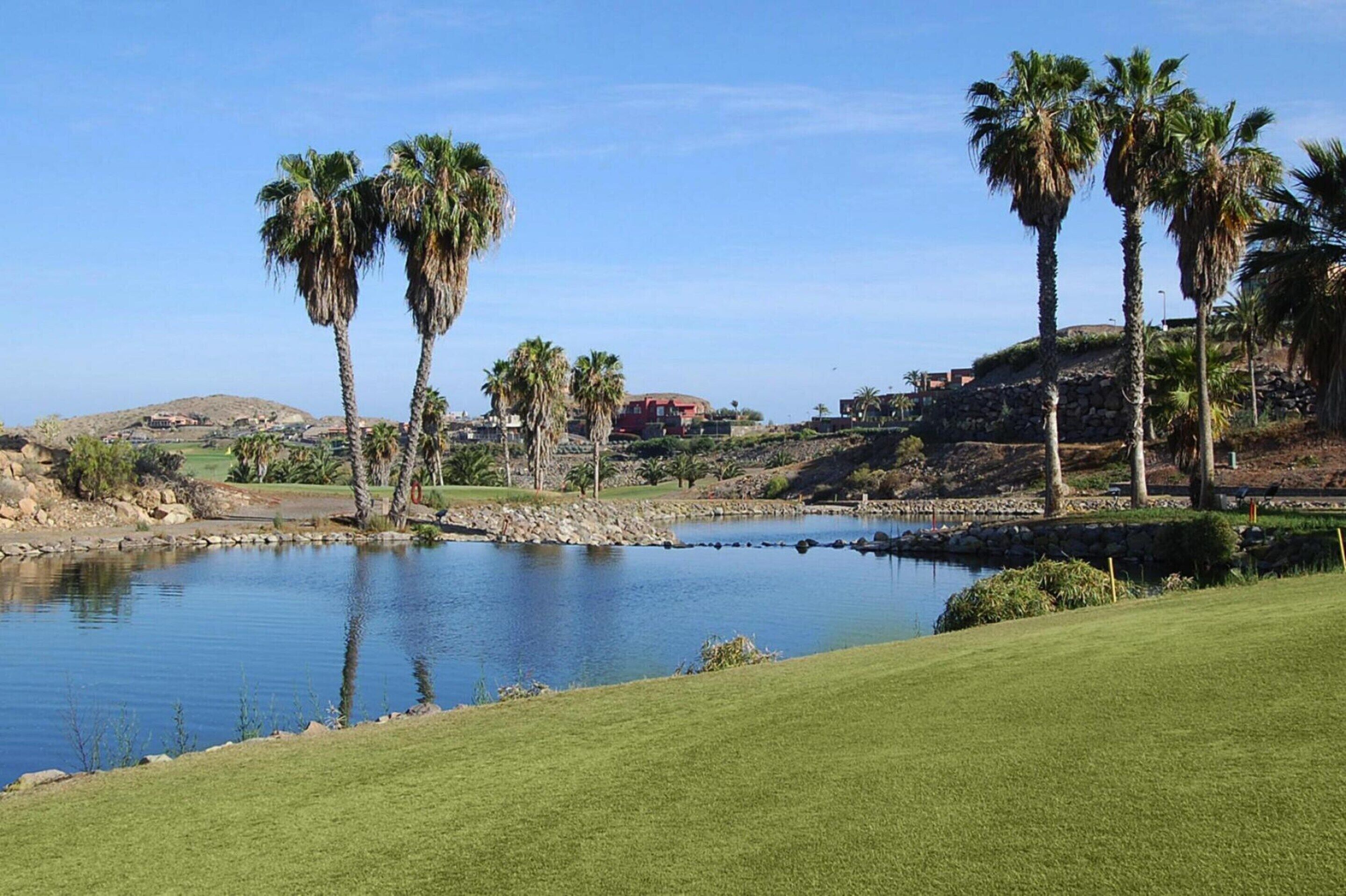 A golf course with a pond, palm trees, and a red building in the background.