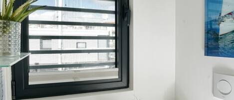 Un baño con ventana, una planta en maceta, un radiador y un equipo de aire acondicionado instalado en la pared.