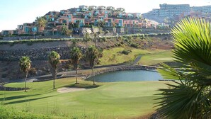 A golf course with a pond, palm trees, and a hillside with modern buildings.