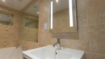 Hair dryer, towels, soap, shampoo