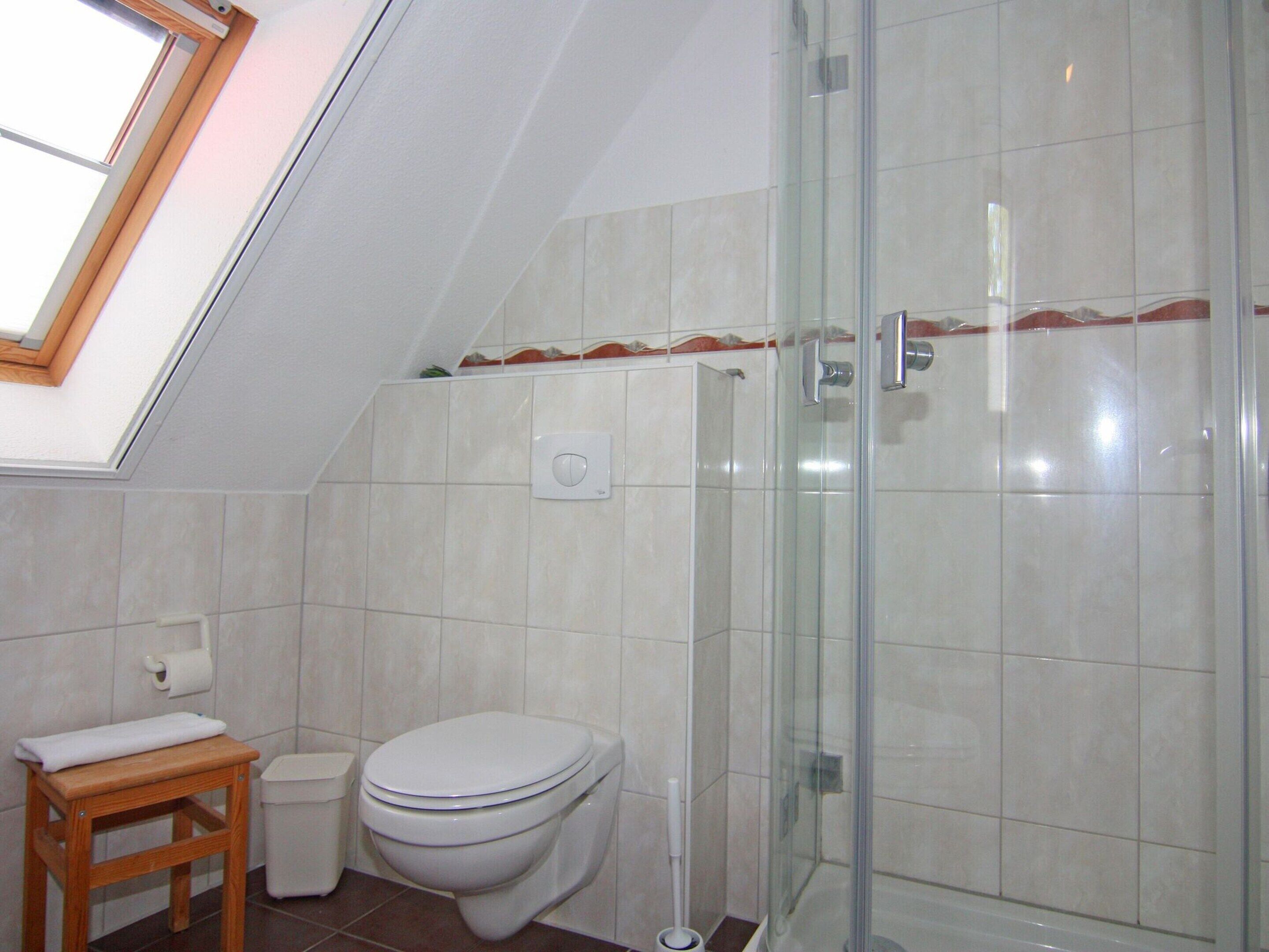 A bathroom with a toilet, a small wooden stool, a glass-enclosed shower, and a skylight.