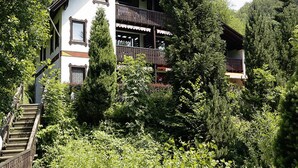 A two-story chalet with a balcony, surrounded by dense forest. - Ferienwohnung im Haus Schiefertal, Wieda (Walkenried)