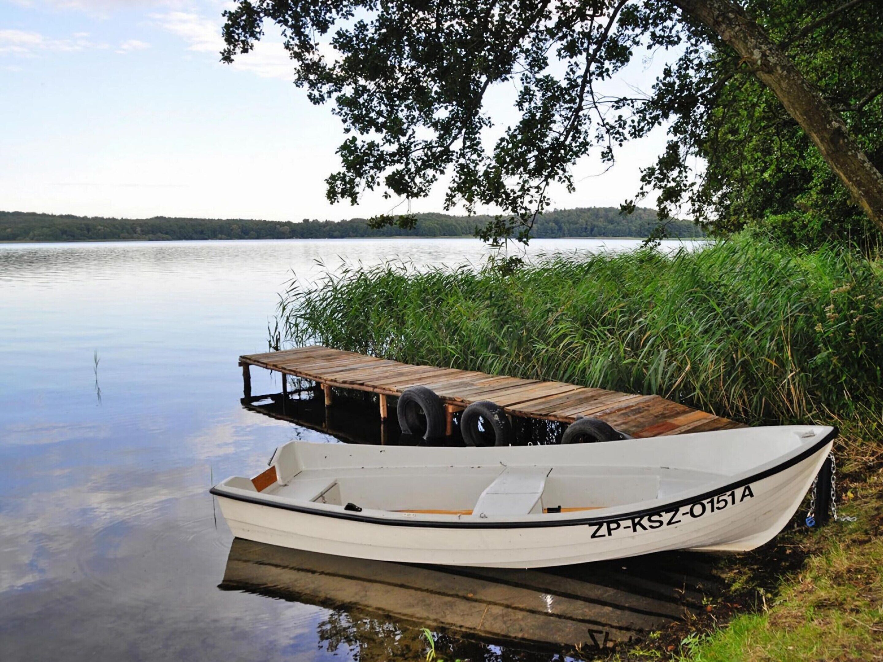 A small white boat docked at a wooden pier, surrounded by lush greenery and calm water.