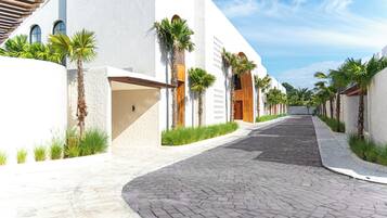 A paved pathway flanked by white buildings with wooden doors and palm trees.