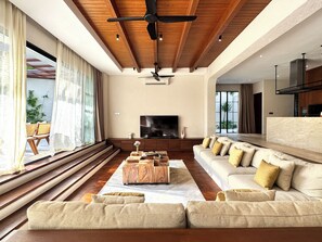 Deluxe Villa, 4 Bedrooms, Private Pool, Pool View | Living area | 65-inch Smart TV with cable channels, Netflix, streaming services