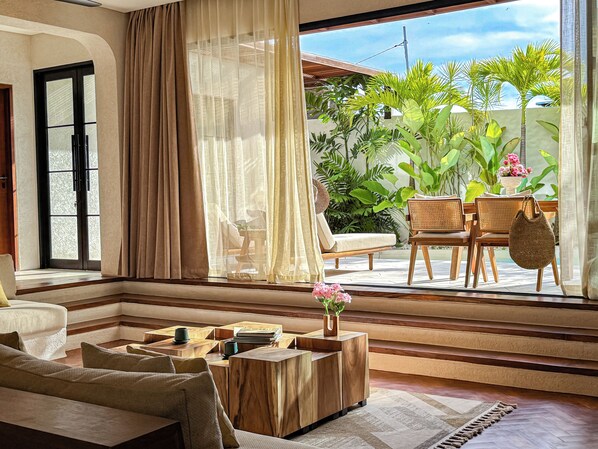 Deluxe Villa, 4 Bedrooms, Private Pool, Pool View | Living area | 65-inch Smart TV with cable channels, Netflix, streaming services