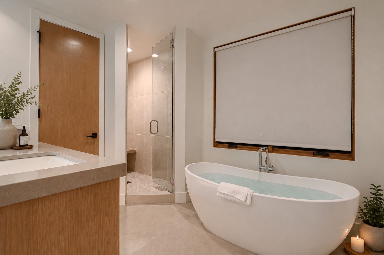 A modern bathroom with a freestanding bathtub, a large mirror, and a shower area.
