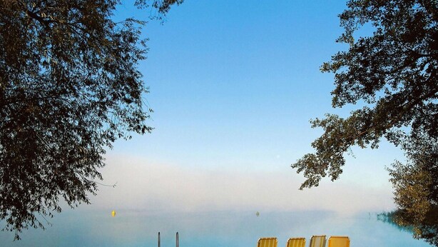 A wooden deck with four sun loungers facing a calm body of water, surrounded by trees. - Appartements im Schlosspark Bad Saarow (Bad Saarow)