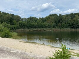 Vista al lago con playa de arena, bosque denso al fondo y cielo despejado.