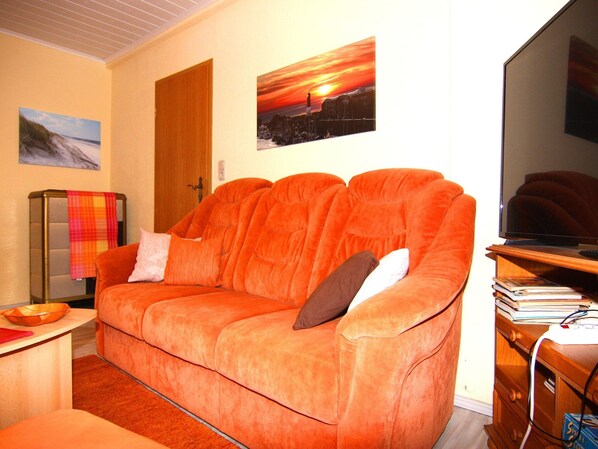 Un salon avec un grand canapé orange, un téléviseur posé sur un meuble en bois et deux tableaux encadrés accrochés au mur.