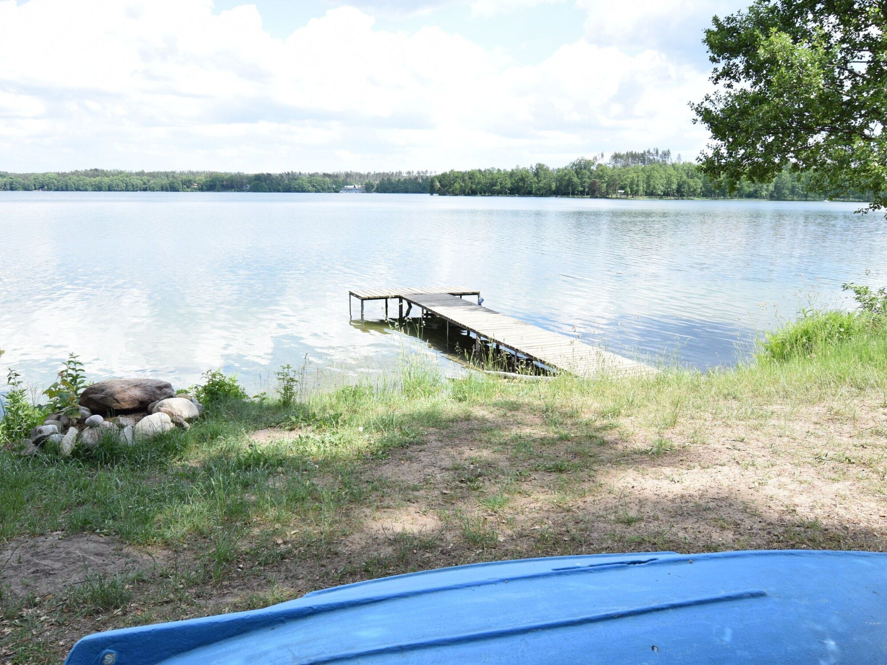 A calm lake with a wooden dock extending into the water, surrounded by grassy areas and trees.