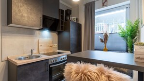 A modern kitchen with dark cabinetry, a stainless steel sink, a built-in oven, and a window with a view of the city. - Ferienwohnung in Tonning (Toenning)