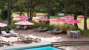 A poolside area with lounge chairs and umbrellas, a pool, and a grassy area with trees. - Aalernhus Ferienhaus mit Hotel-spa St.peter-ording (St. Peter-Ording)