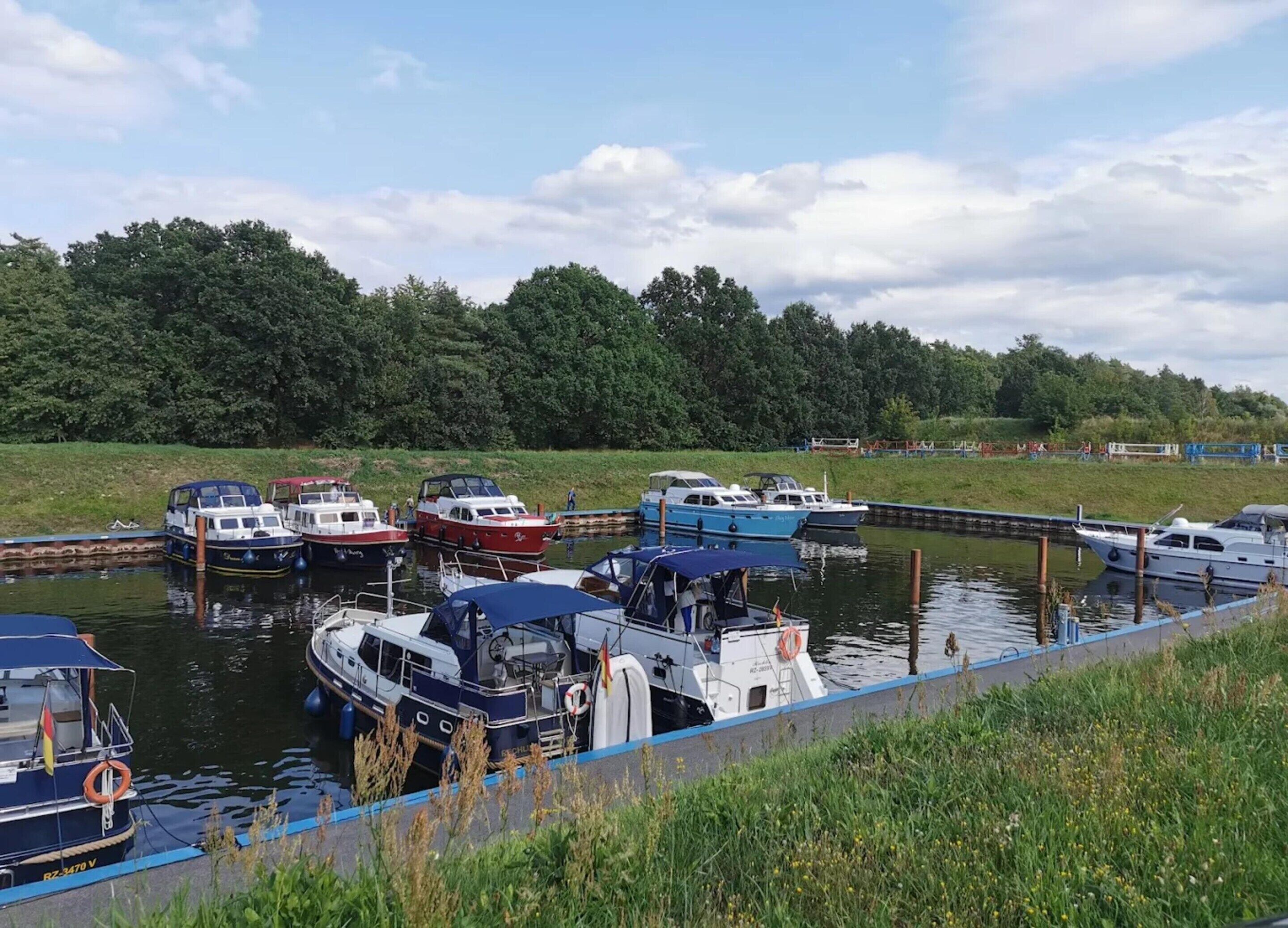 Un port de plaisance où sont amarrés plusieurs bateaux, entouré de verdure et sous un ciel dégagé.