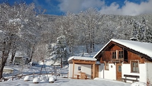 A wooden cabin with a snow-covered roof, surrounded by a snowy landscape and trees. - Rossweid hut With a Fantastic View (Stans)
