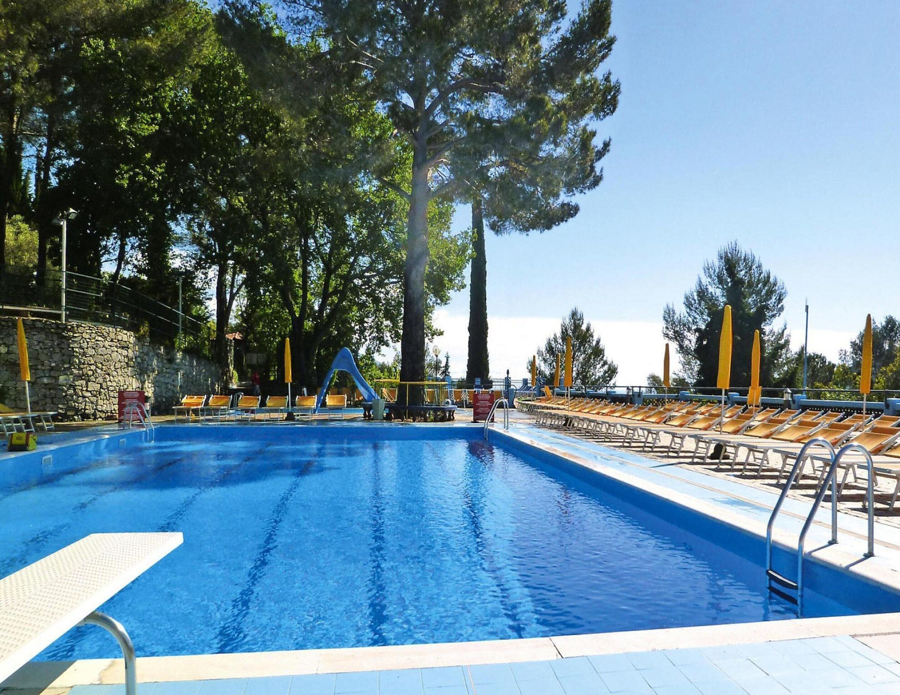 Piscina com trampolim, rodeada por árvores e espreguiçadeiras.