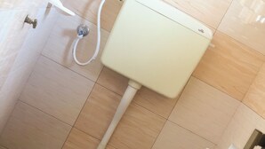 A toilet with a white tank and a wall-mounted flush handle. - Cam Lodge (Tanga)