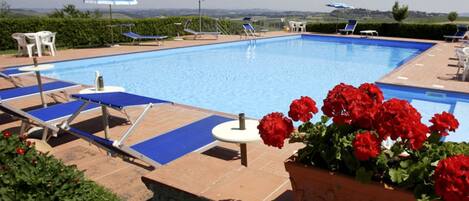 Una piscina con lettini e un fioriere.