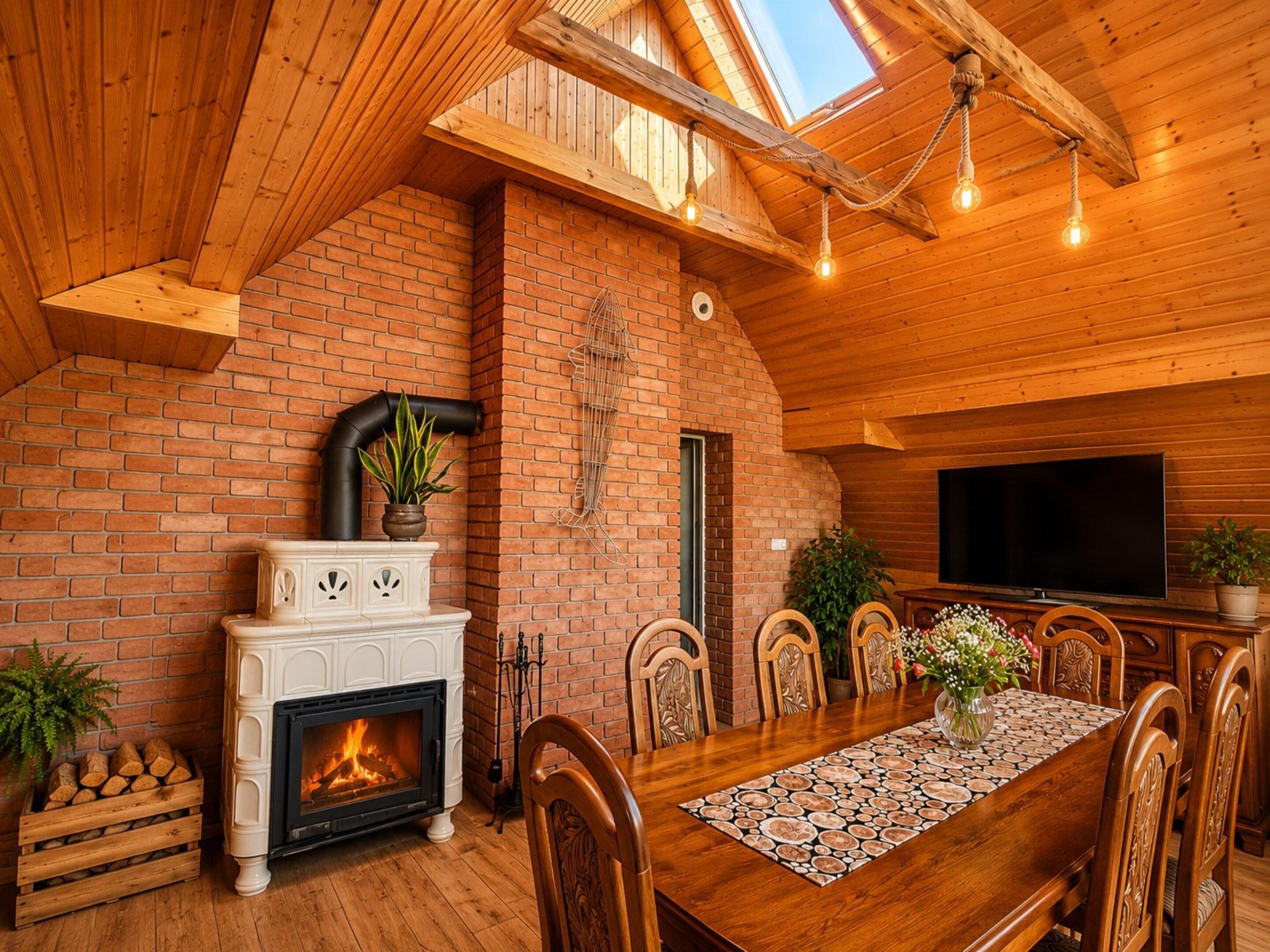 A cozy dining area with a brick fireplace, wooden ceiling, and a large TV.