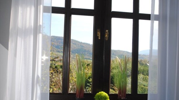 A room with large windows, a view of a mountainous landscape, and two potted plants on the windowsill. - Villa in Brenna Near Ski Lifts & Pool (Brenna)