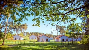 A row of white cabins with red roofs, surrounded by a grassy field and trees. - Gemutlicher Bungalow in Storkow am See (Storkow)