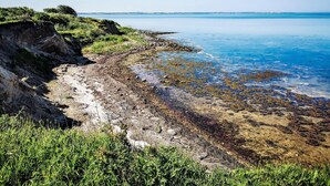 A coastal landscape with a rocky shoreline, clear blue water, and distant land.