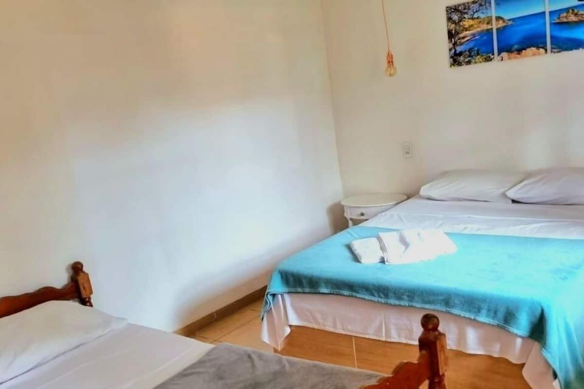 A room with two wooden beds, one with a grey blanket and the other with a blue blanket. There is a painting on the wall above the beds.