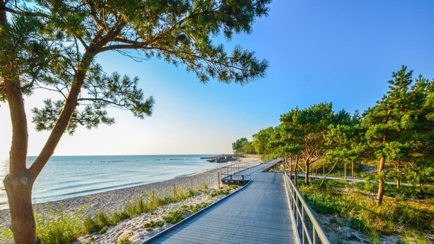 A boardwalk leading to a beach with a clear view of the sea and a line of trees. - Apartment Right by the Sea, Ustronie Morskie (Ustronie Morskie)