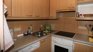 A compact kitchen with wooden cabinets, a built-in dishwasher, a stove, and a sink. - Apartments Home Hermann, Ramsau am Dachstein (Ramsau am Dachstein)