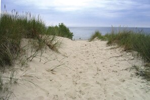 Um caminho de areia que leva ao mar, ladeado por grama.