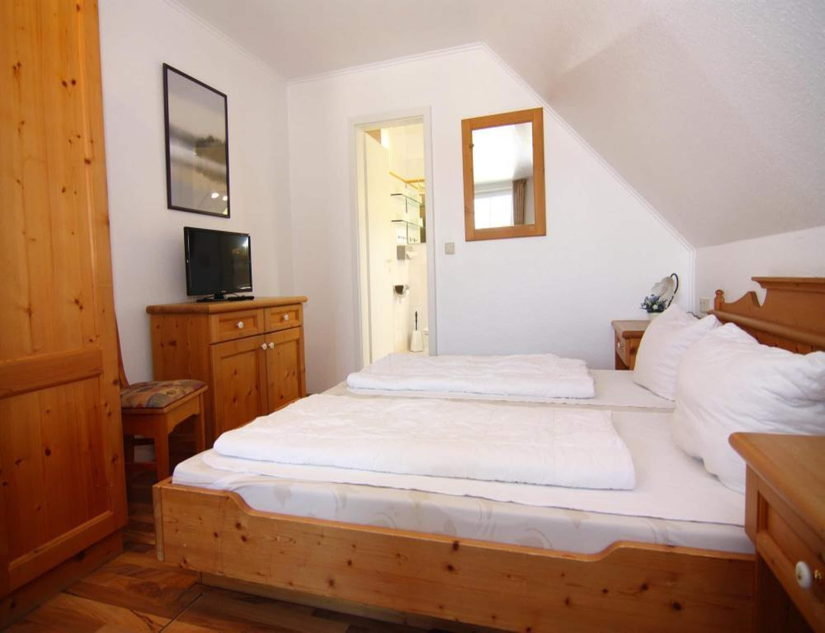 Un dormitorio con una cama de madera, un televisor sobre un mueble de madera y una puerta que da al baño.