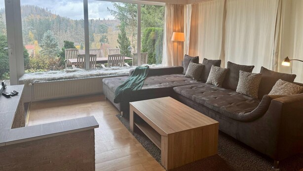A modern living room with a large window, a sofa, a wooden coffee table, and a dining area with chairs. - Ferienwohnung mit Weitem Ausblick in Altenau (Clausthal-Zellerfeld)