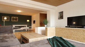 A modern living room with a sofa, a coffee table, a TV, and a fireplace. - Ferienwohnung mit Weitem Ausblick in Altenau (Clausthal-Zellerfeld)