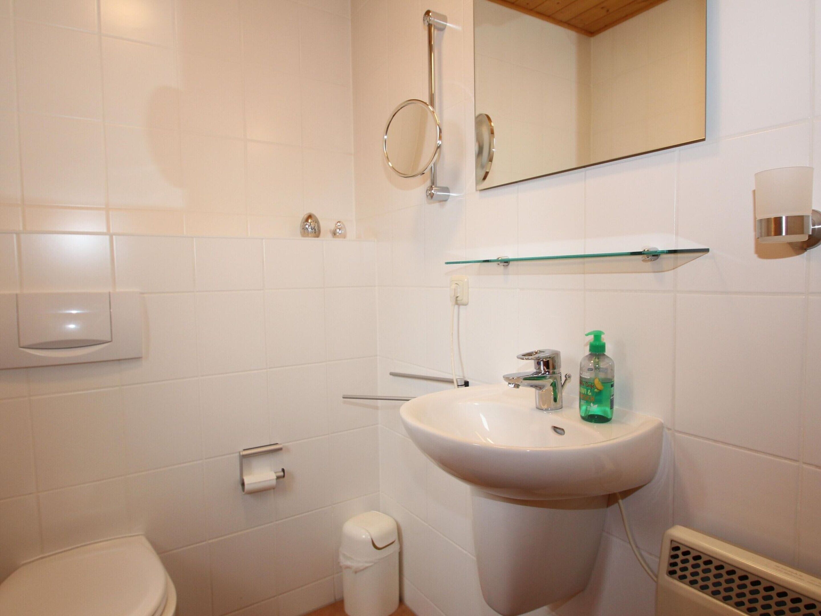 A bathroom with a white toilet, a sink with a glass shelf above, a mirror, and a showerhead.